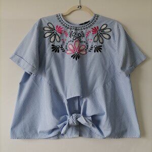 Roly Poly Womens Light Blue Round Neck Embroidered Striped Blouse Top Size M